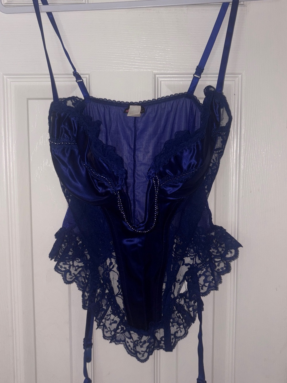 Fredericks of Hollywood Navy Blue Lace Satin Bodysuit Lingerie size 38